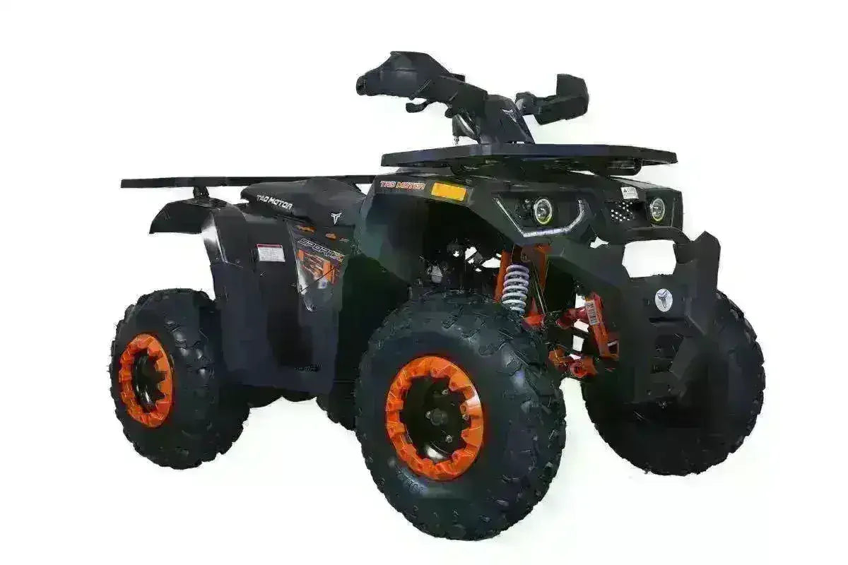 200cc utility ATV with rugged black frame, orange-trimmed wheels, and off-road tires