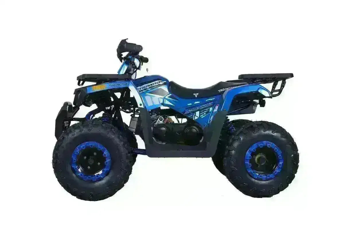 Blue 200cc utility ATV with rugged tires and cargo racks on a white background