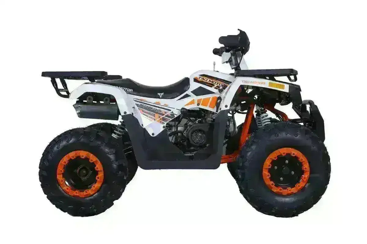 White 200cc utility ATV with orange accents, rugged tires, and rear rack, side view