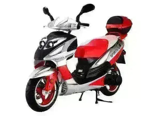 Red and silver 150cc motor scooter with rear cargo box and sporty design