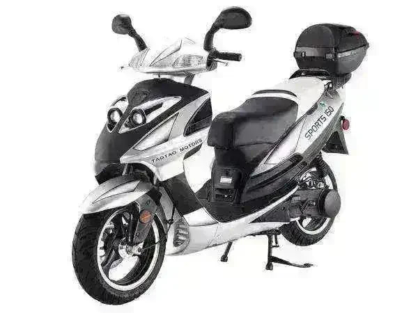 Silver and black Galaxy 150cc scooter with black seat and rear storage box, front three-quarter view