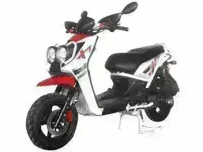 Red and white 150cc gas powered scooter with dual headlights on side stand