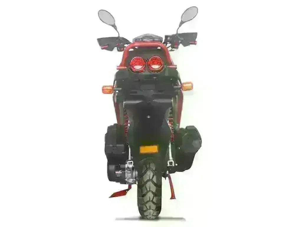Rear view of a red and black 150cc gas-powered scooter with mirrors and taillights