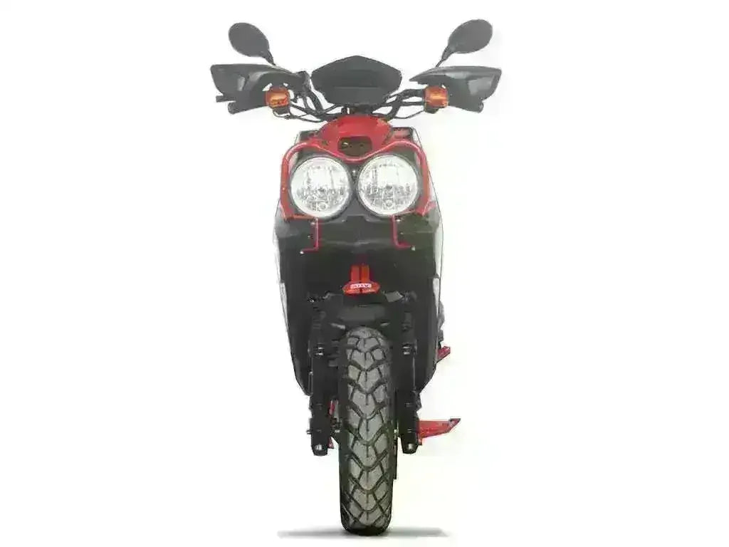 Front view of a red and black 150cc gas powered scooter with dual headlights