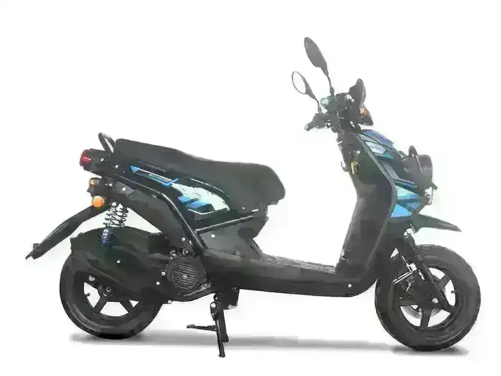 Blue and black 150cc gas-powered scooter with mirrors, side stand, and rear suspension