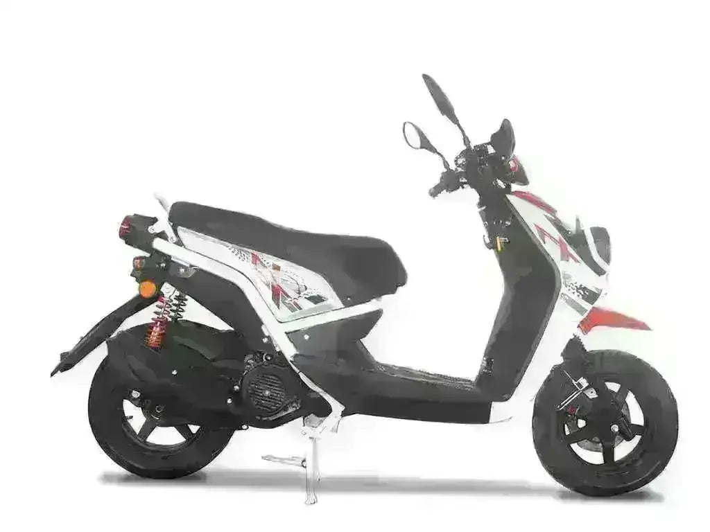 Side view of a black and white 150cc gas-powered scooter with red accents on a white background