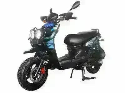 Black and blue 150cc gas-powered scooter with dual headlights on white background