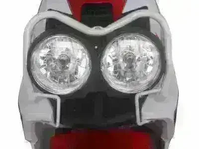 Close-up of dual headlights on a red 150cc gas-powered scooter front view