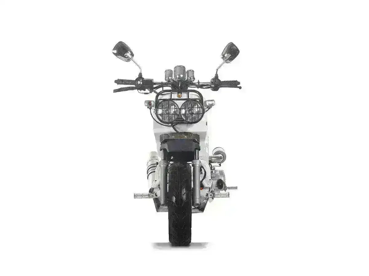 Front view of a white 150cc motor scooter with dual headlights and mirrors on white background