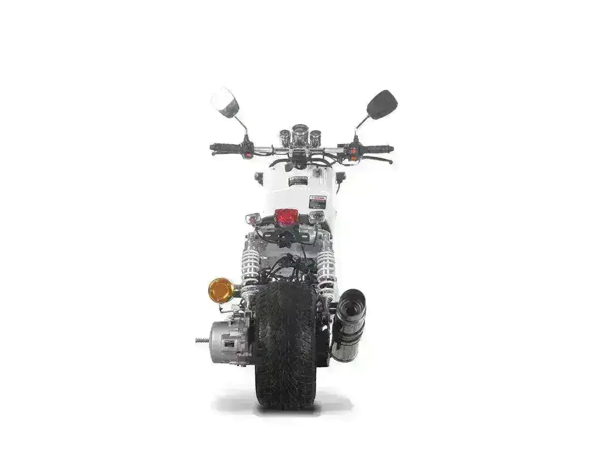 Rear view of a white 150cc scooter with wide rear tire, dual shocks, mirrors, and exhaust