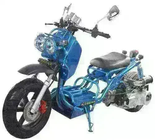 Blue 150cc Icebear Maddog scooter with exposed engine and dual headlights on white background