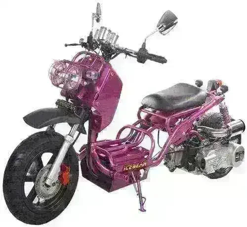 Purple 50cc gas scooter with open steel frame, single seat, and front disc brake