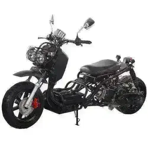 Black 50cc Maddog scooter with exposed frame and dual front headlights on a white background