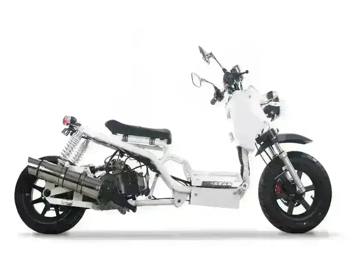 White 50cc Maddog scooter with dual shocks and black seat, side view on white background
