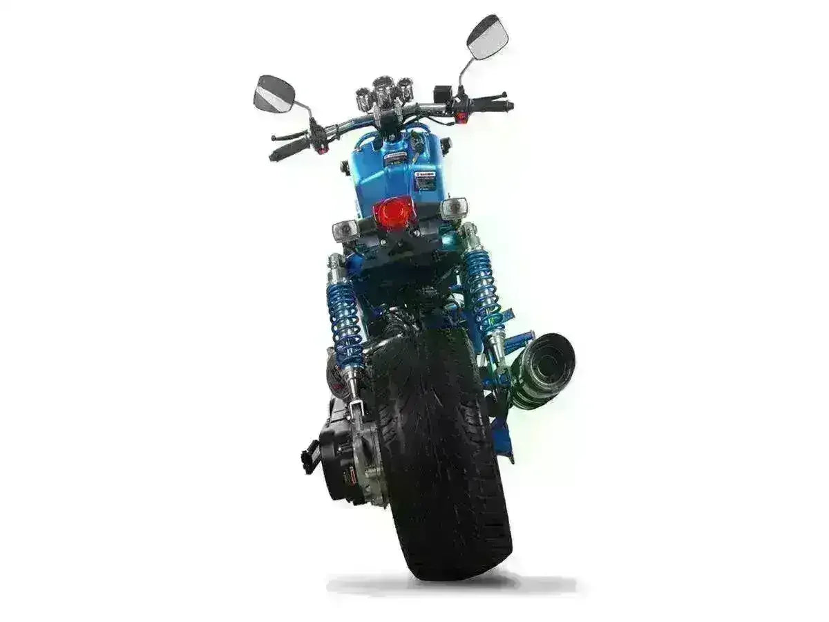 Rear view of blue 50cc Maddog scooter with dual shocks and wide rear tire on white background.