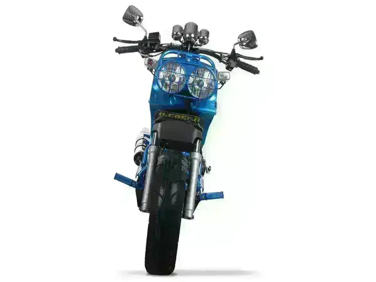 Blue 50cc maddog scooter with dual headlights, front view, on white background