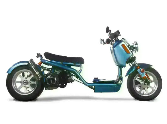Blue 150cc scooter with low seat, exposed frame, alloy wheels, and chrome exhaust