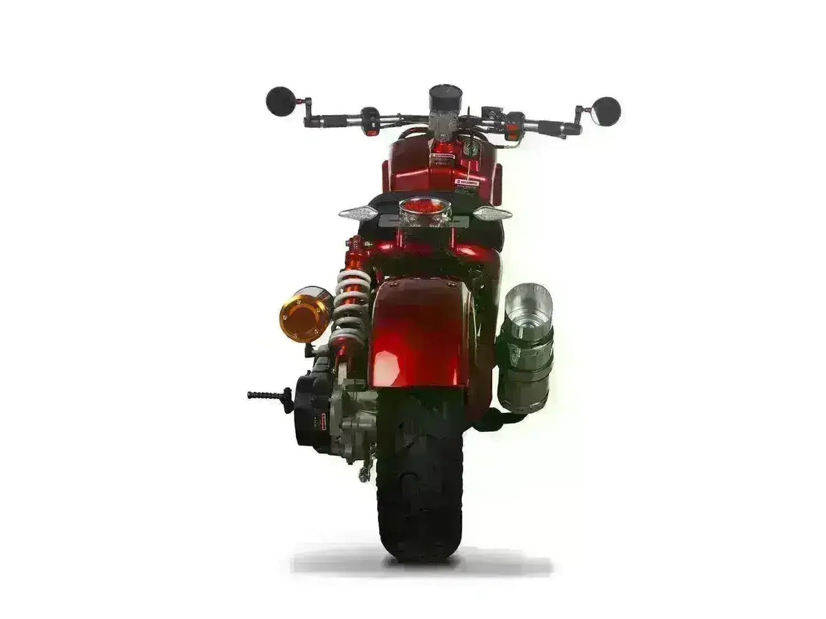 Rear view of a red 150cc Maddog scooter with dual rear shocks and chrome exhaust, studio background