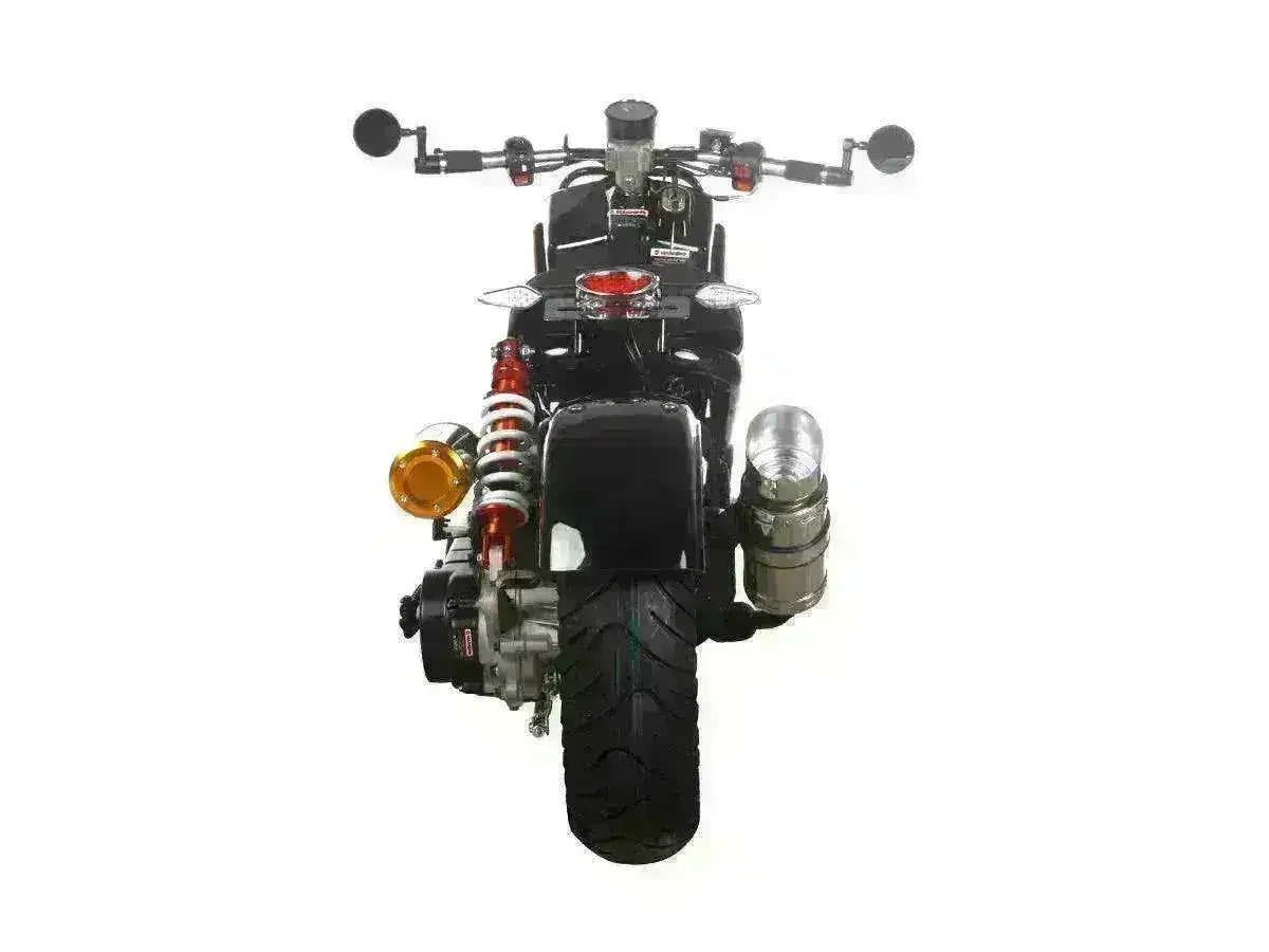 Rear view of black 50cc scooter with dual suspension, bright taillight, and wide tire