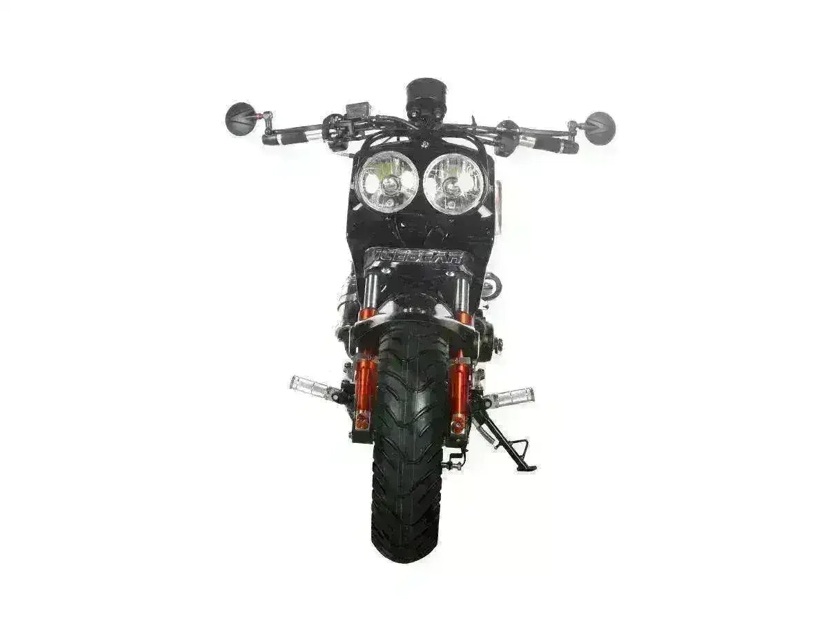 Front view of a black 50cc scooter with dual headlights and wide tires on white background