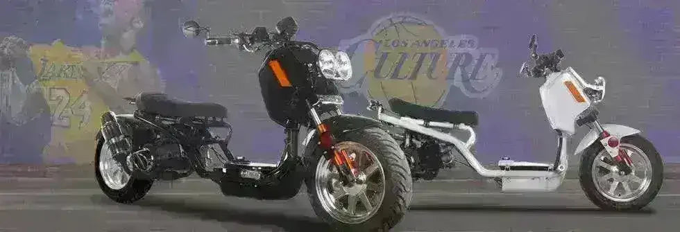Two modern 50cc Maddog scooters, one black and one white, side by side on a plain background.