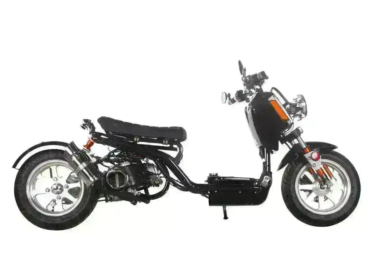 Black 50cc gas scooter with chrome wheels, exposed frame, single seat on white background