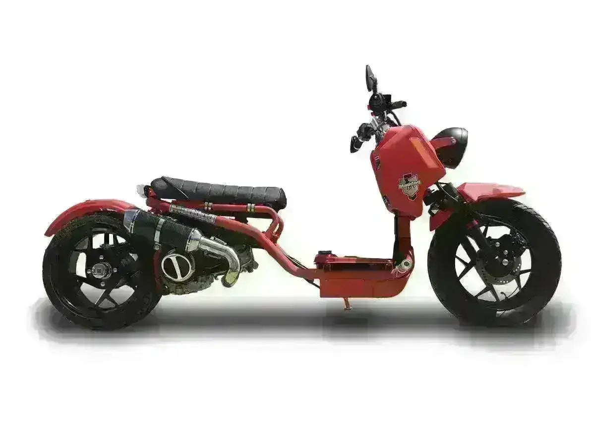Red Maddog 150cc scooter with black wheels, side profile, on white background at Q9 PowerSports USA