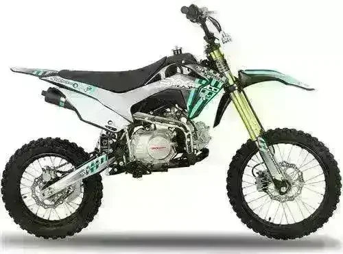 Icebear Whip 125cc youth dirt bike with off-road tires and green accents on a white background