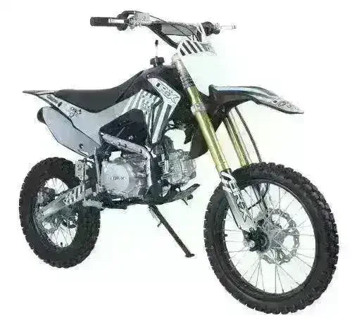 125cc youth dirt bike with black and white graphics, off-road tires, and front suspension.