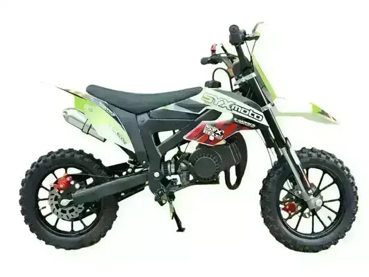 Small kids dirt bike with off-road tires, black frame, SYX Moto graphics, side view