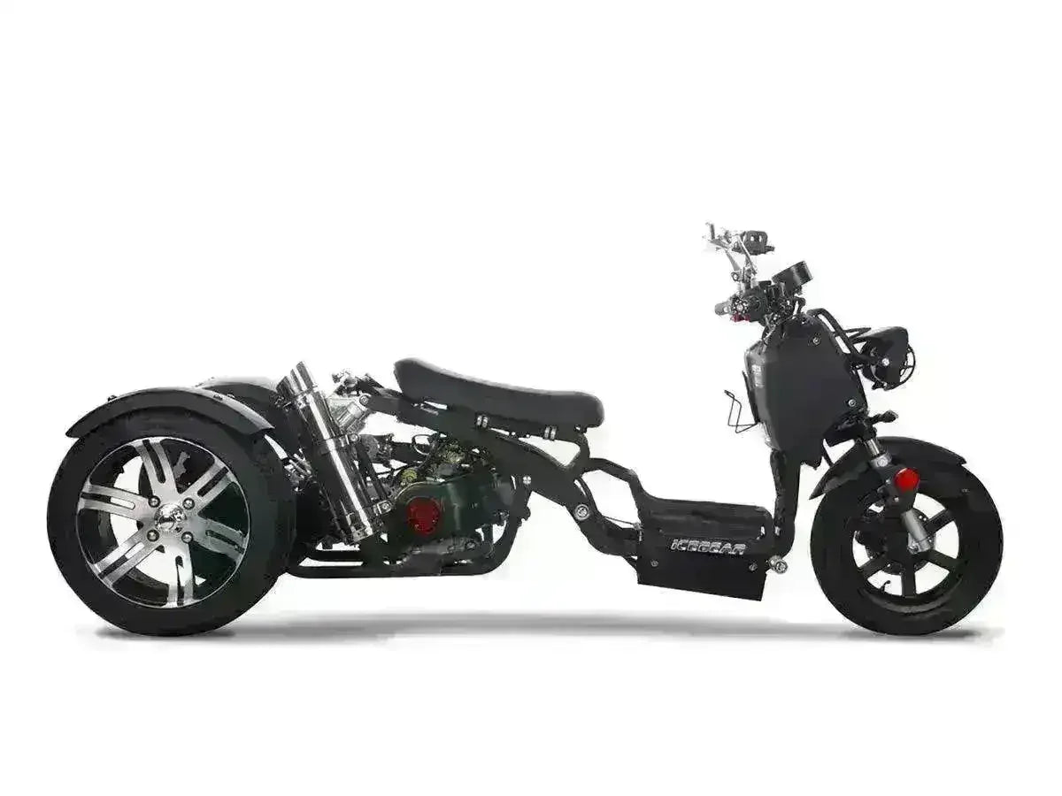 Black 150cc trike scooter with low seat, chrome exhaust, and alloy wheels, side view