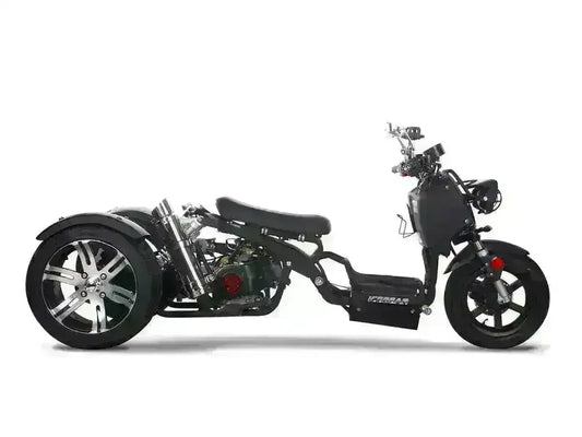 Black 150cc trike scooter with low seat, chrome exhaust, and alloy wheels, side view