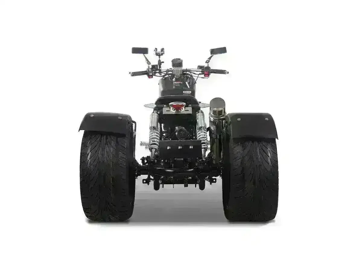 Rear view of black 150cc trike scooter with wide tires and dual rear shocks on white background.