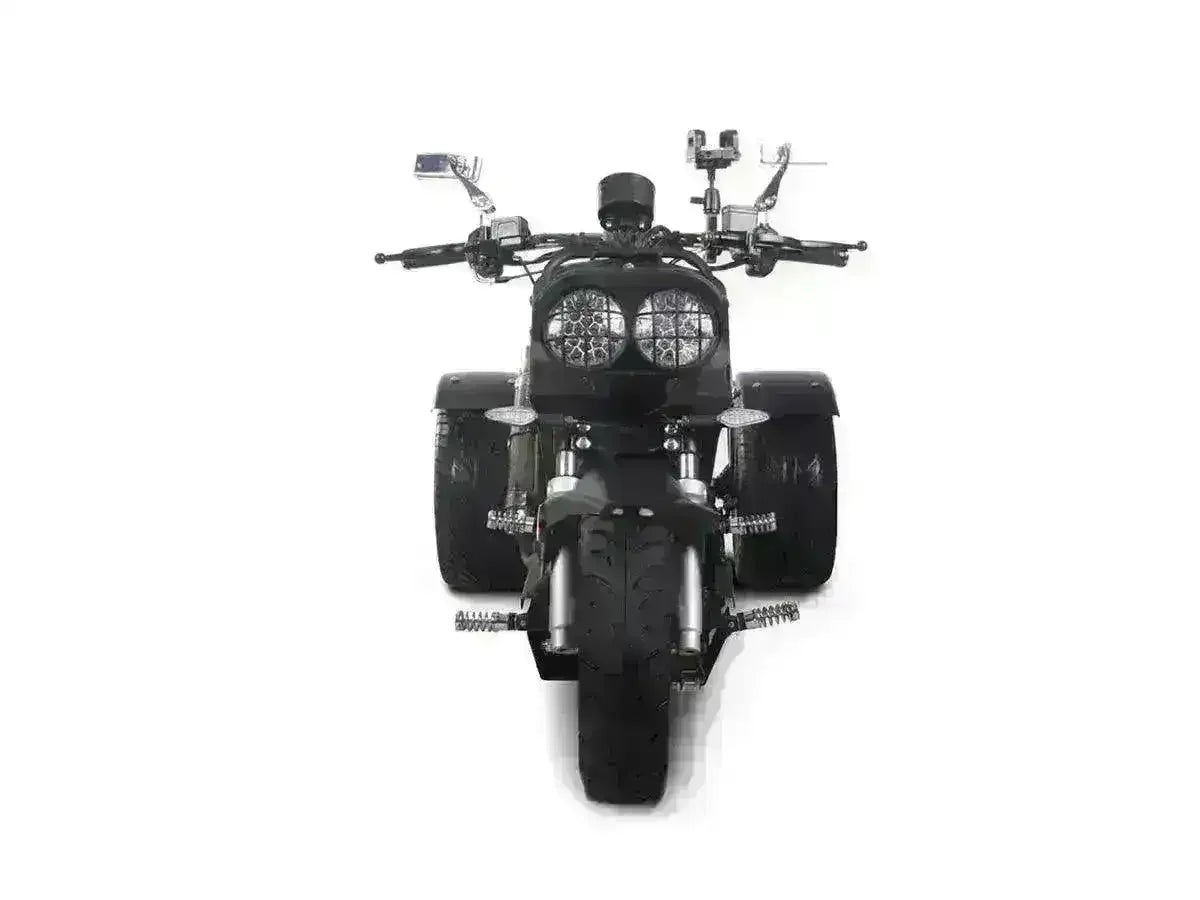 Front view of a black 150cc trike scooter with dual headlights and wide rear tires