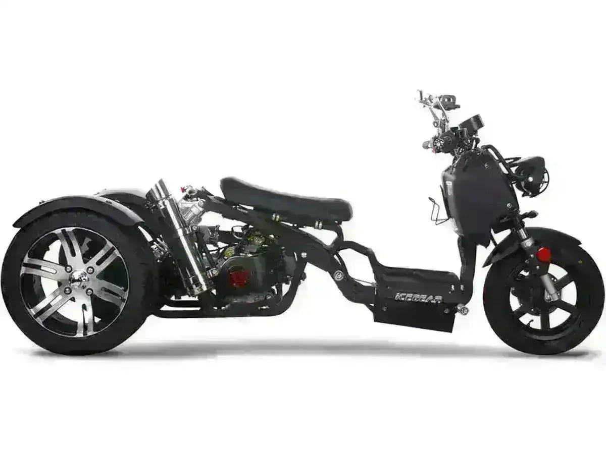 Black 150cc trike scooter with low profile seat and alloy wheels, side view