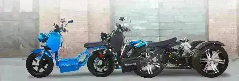 Blue 150cc trike scooter with three wheels, low frame, and sporty design parked outdoors.