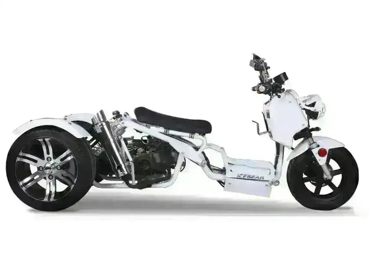 White 50cc trike scooter with low seat, black wheels, and exposed frame design