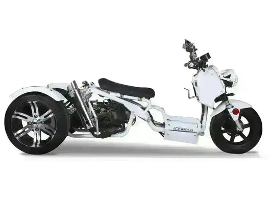 White 50cc trike scooter with low seat, black wheels, and exposed frame design
