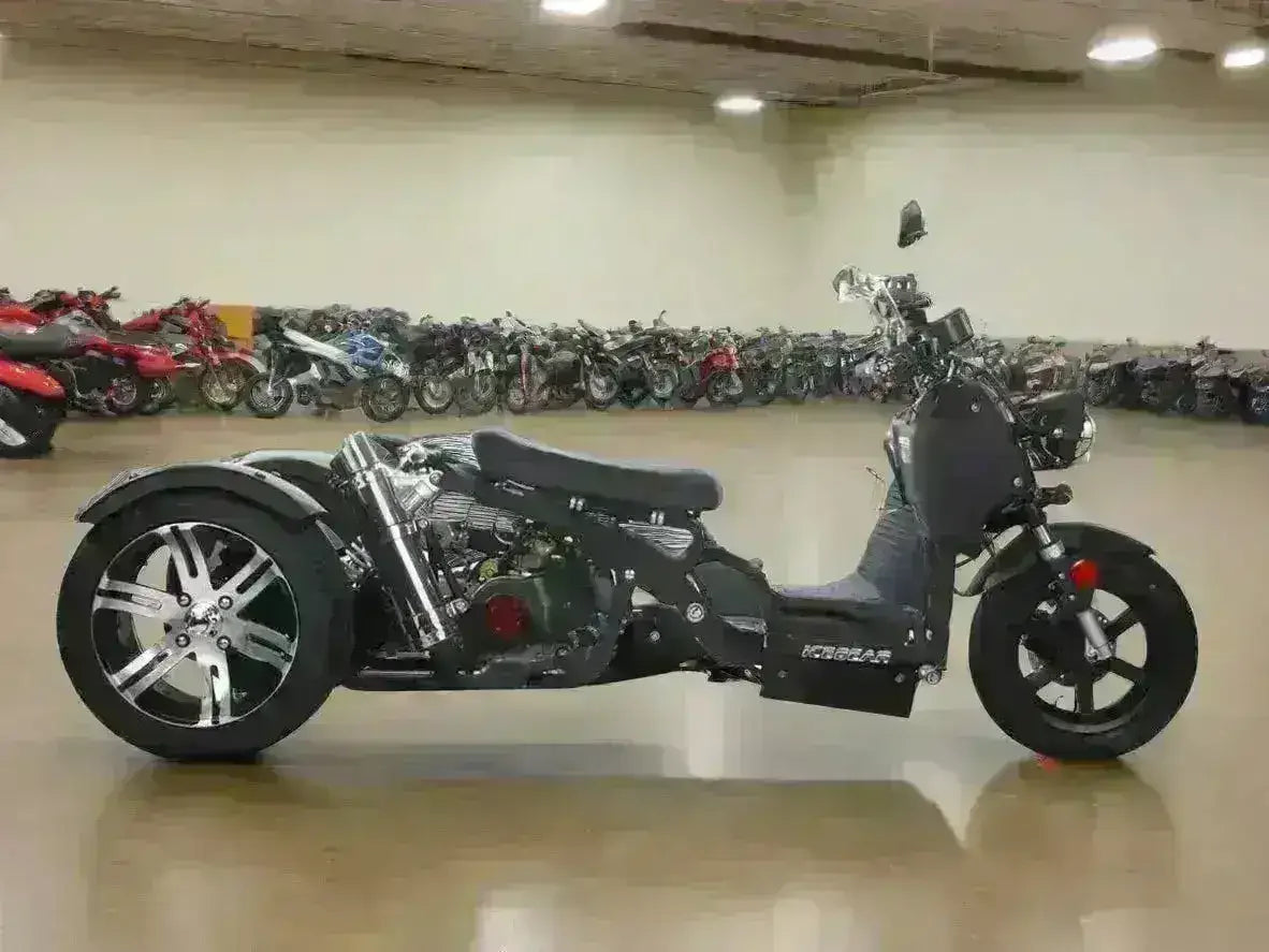 Black 50cc trike scooter with chrome details in showroom, three-wheel motor scooter