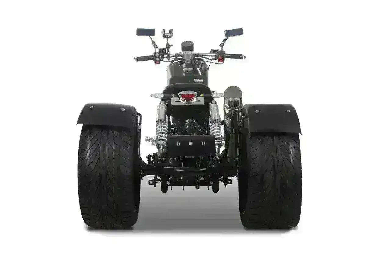 Rear view of a black 50cc trike scooter with wide tires and dual rear shocks on white background