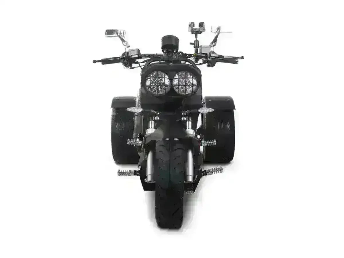 Front view of a black 50cc trike scooter with wide rear tires and dual headlights