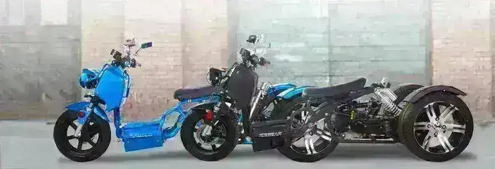 Blue 50cc trike scooter with three wheels, modern design, parked outdoors