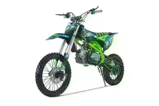 Green and blue 125cc youth dirt bike with knobby tires and race graphics on white background