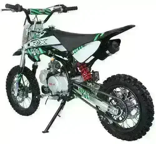 125cc fully automatic kids pit bike with knobby tires, black and green graphics, rear suspension