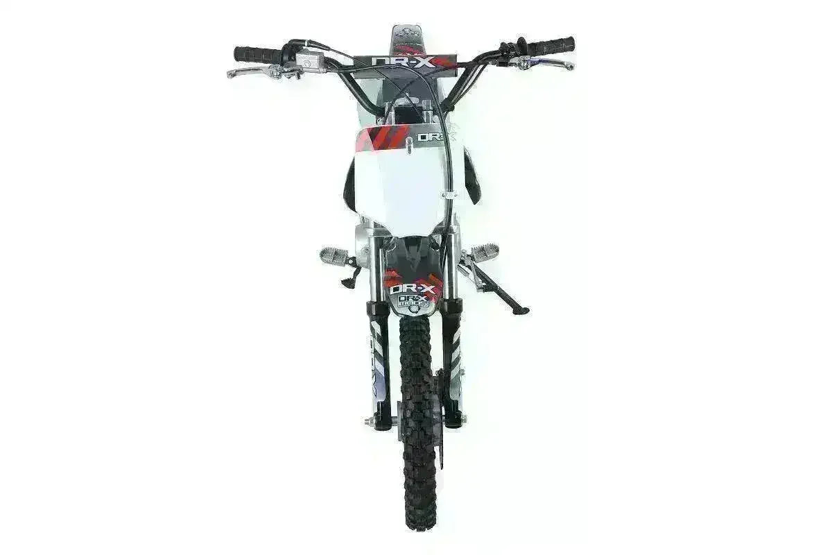 Front view of a kids 125cc fully automatic pit bike with knobby tires and black-red graphics
