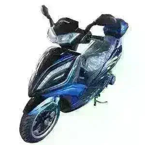 Blue 150cc gas-powered scooter with dual mirrors and sporty headlights, front angle view