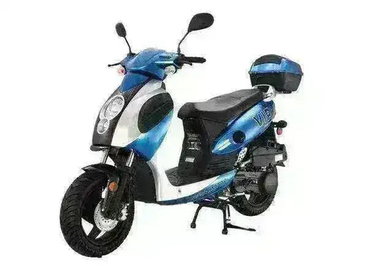 Blue and white 150cc motor scooter with rear storage box, kickstand and street tires