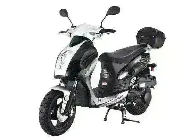 Black and white 150cc scooter with rear storage box and kickstand on white background