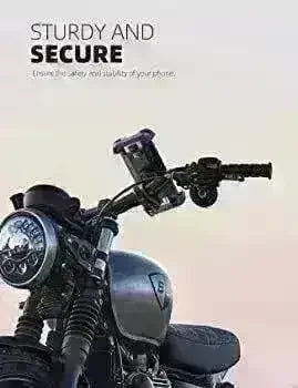 Motorcycle with handlebar cell phone holder mounted, sturdy and secure for safe riding