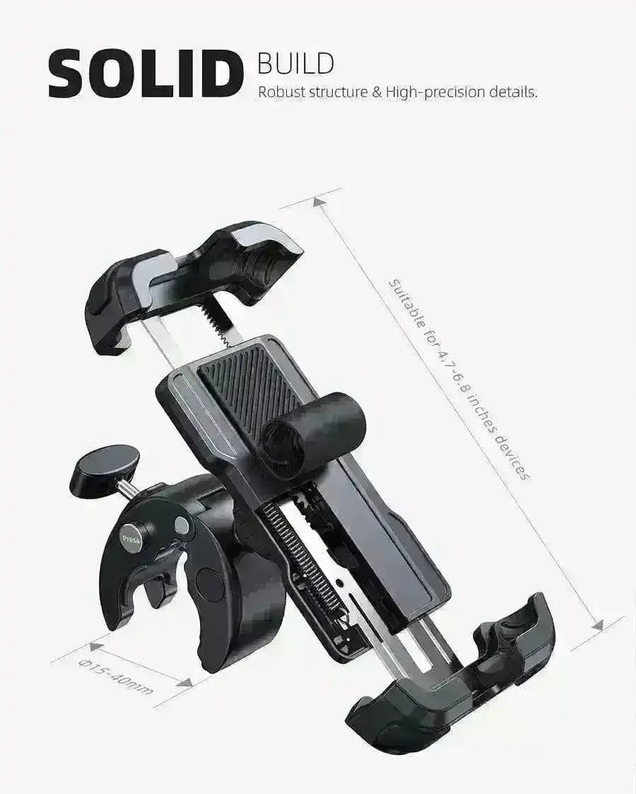Adjustable black handlebar cell phone holder with clamp, fits 4.7 to 6.8 inch devices